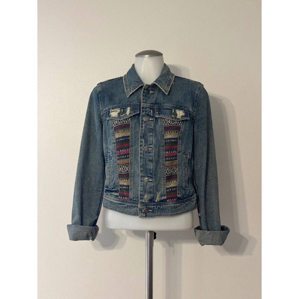 Free People Denim Jacket Women 2 Blue Southwestern Woven Distressed Good